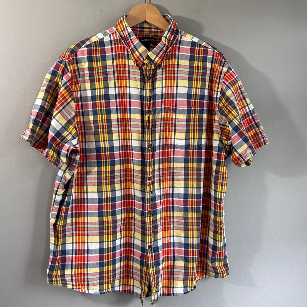 Lands End Mens XL Traditional Fit Short Sleeve Plaid Button Down Shirt
